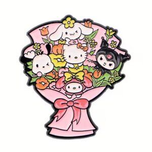HELLO KITTY & Friends Pink Flower Bouquet Enamel Lapel Pin Brooch NEW & SO CUTE!